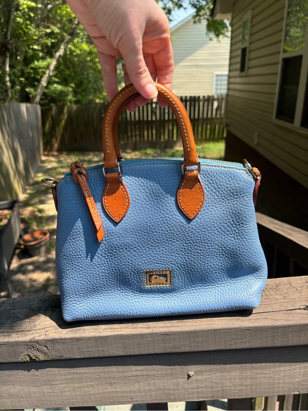 Dooney & Bourke Blue Pebbled Satchel with Tan Trim